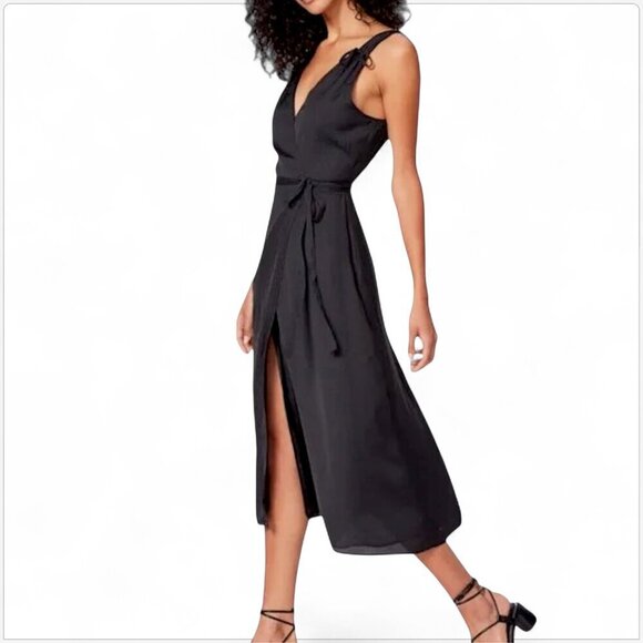 Paige Black Cerisa Matte Satin Dot Pattern Print Sleeveless Silky Wrap Dress S - Picture 2 of 8